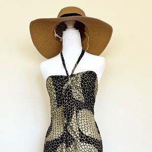 Halter-dress in brown/tan honey-comb print, size medium